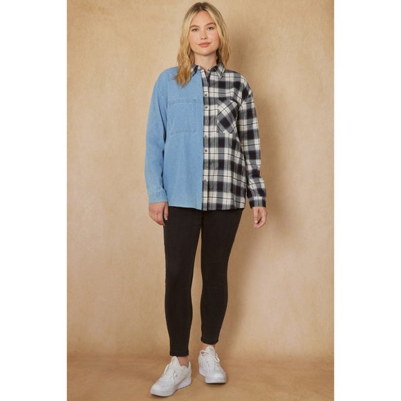 Entro Denim & Plaid Long Sleeve Top - Picture 6 of 9